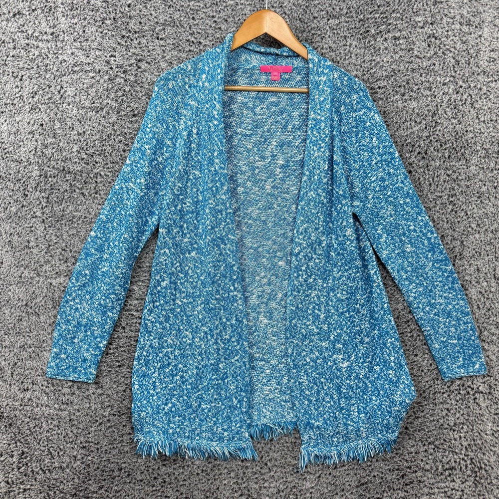 Lilly Pulitzer Sweater Cardigan Womens XL Blue Open Front Fringe Hem Knit